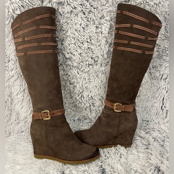Napoleoni Made in Italy Tall Wedge Heel Brown Suede Winter Boots Size 39 USA 9 - Picture 2 of 16